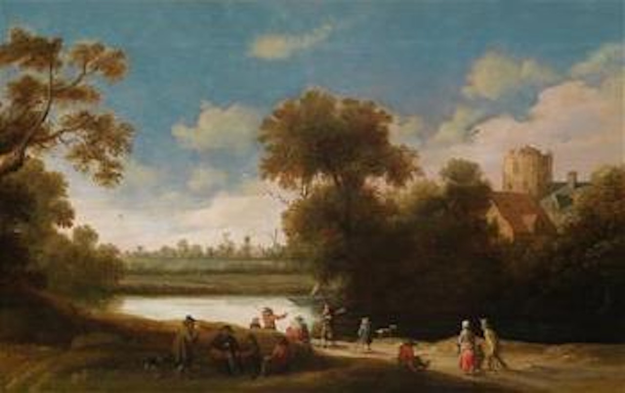 A wooded river landscape with fishermen and resting travellers by Joost Cornelisz Droochsloot