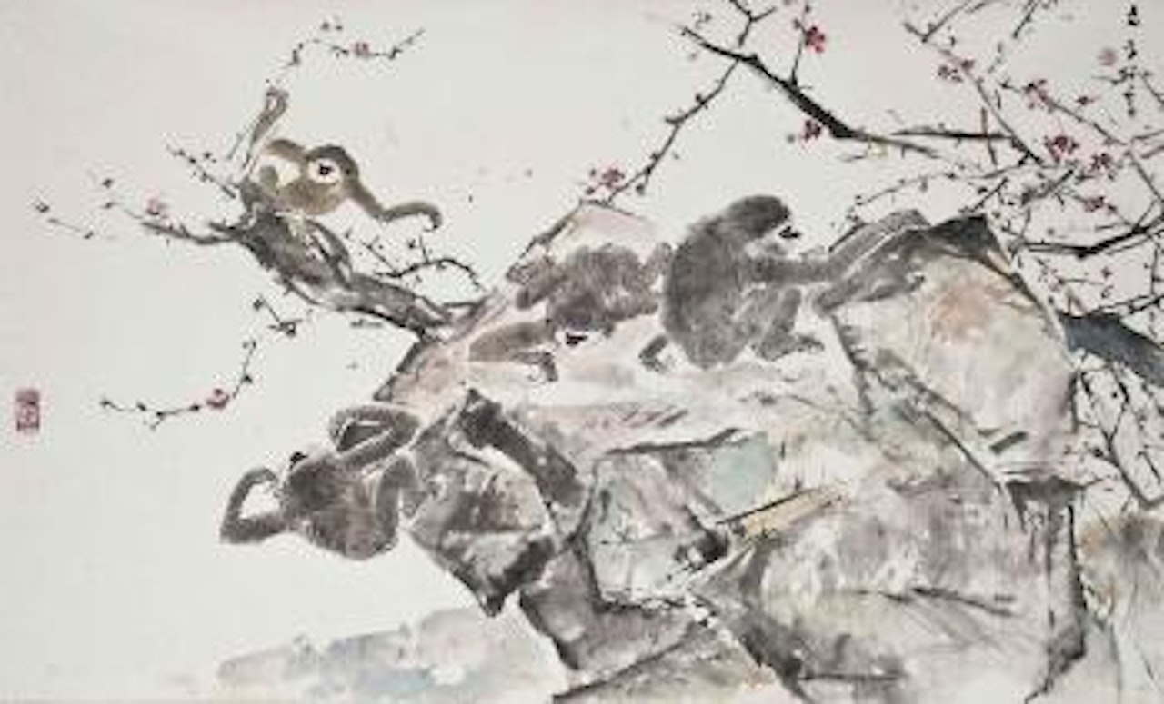 Four Gibbons and Cherry Blossoms by Chen Wen Hsi