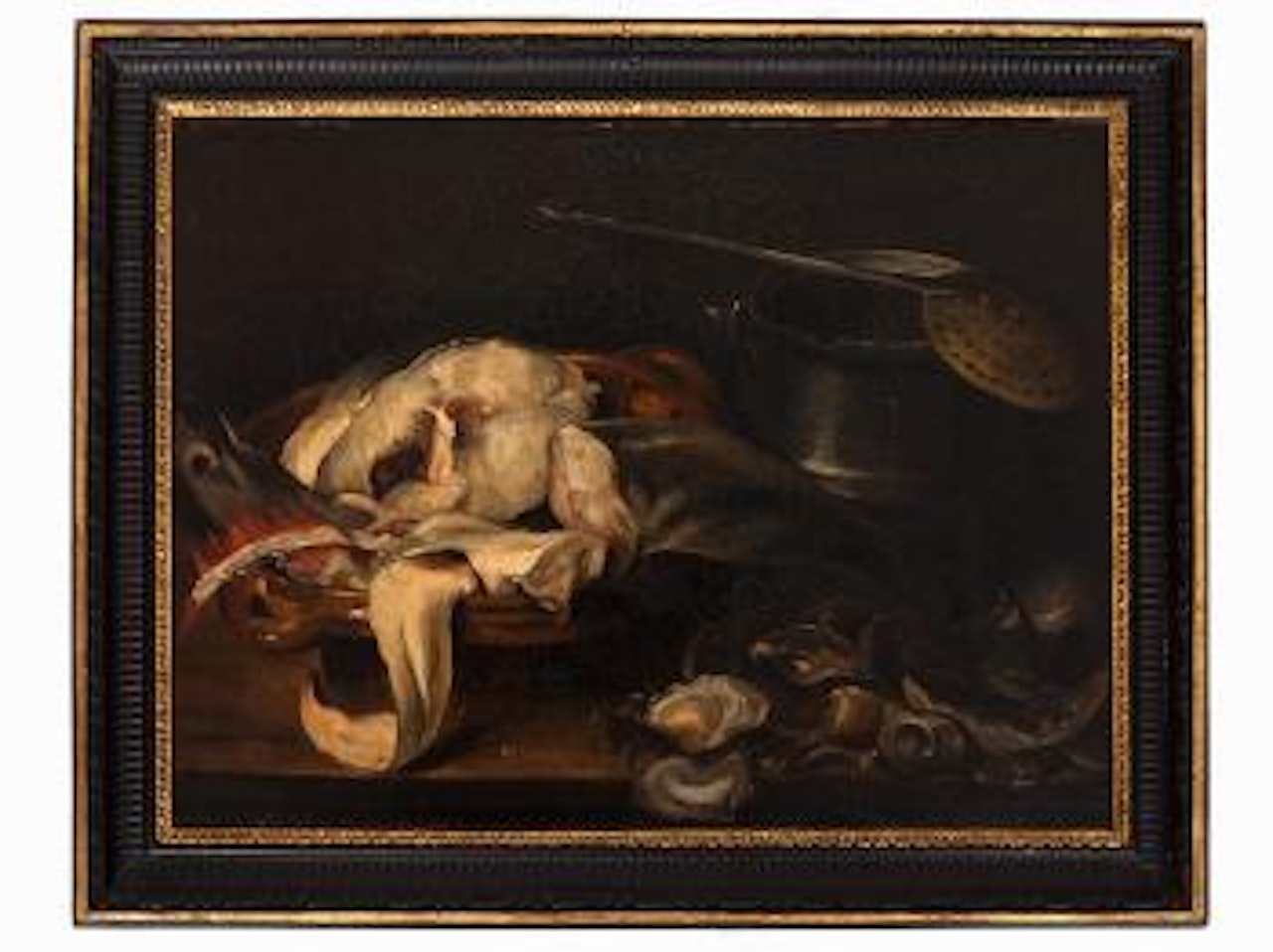 Fish Still Life With Seafood And Cookware by Dutch School