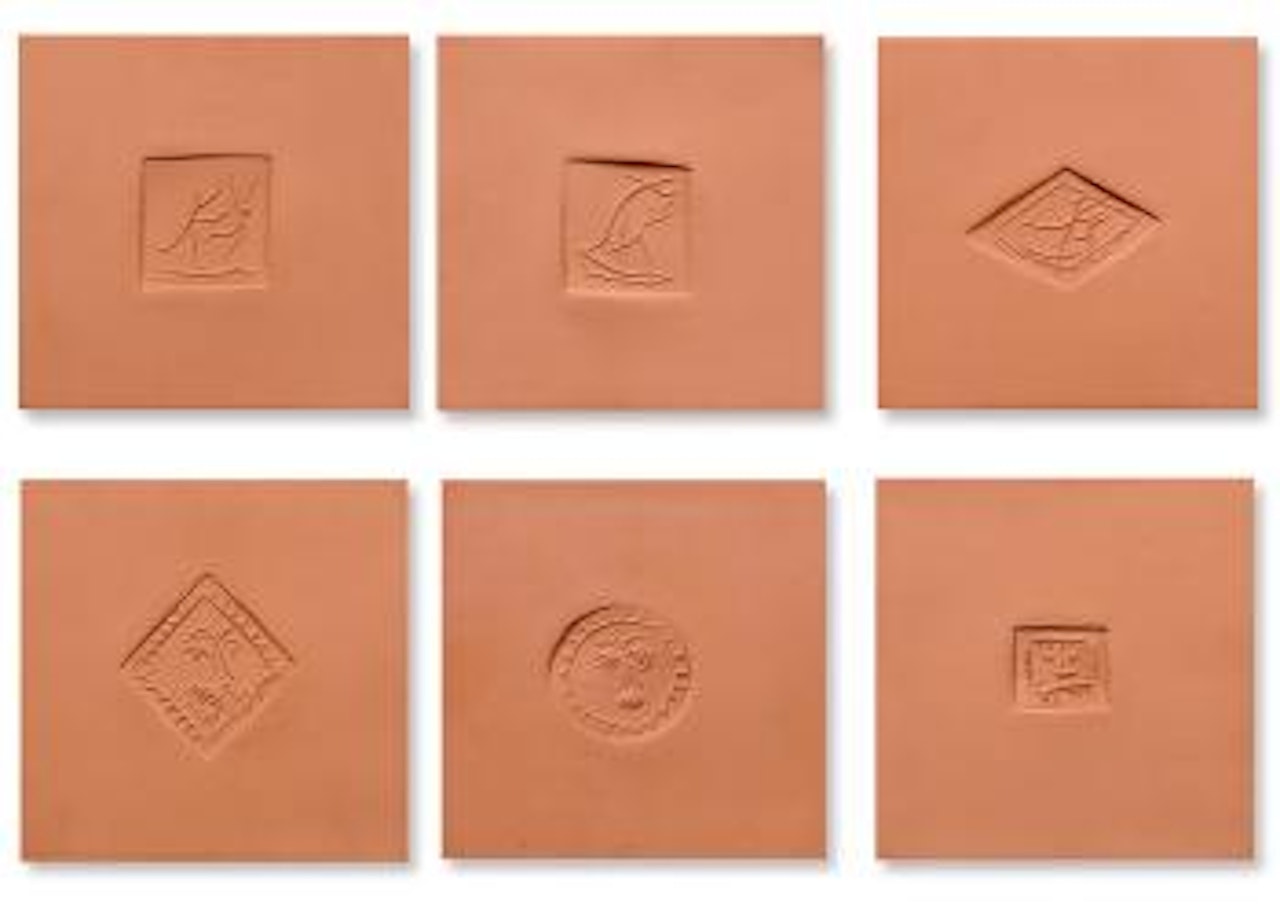 6 clay tiles: Square with dancers A; Square with dancers C; Lozenge with dancing; Lozenge with bearded man; Little square sun; Little square with face by Pablo Picasso