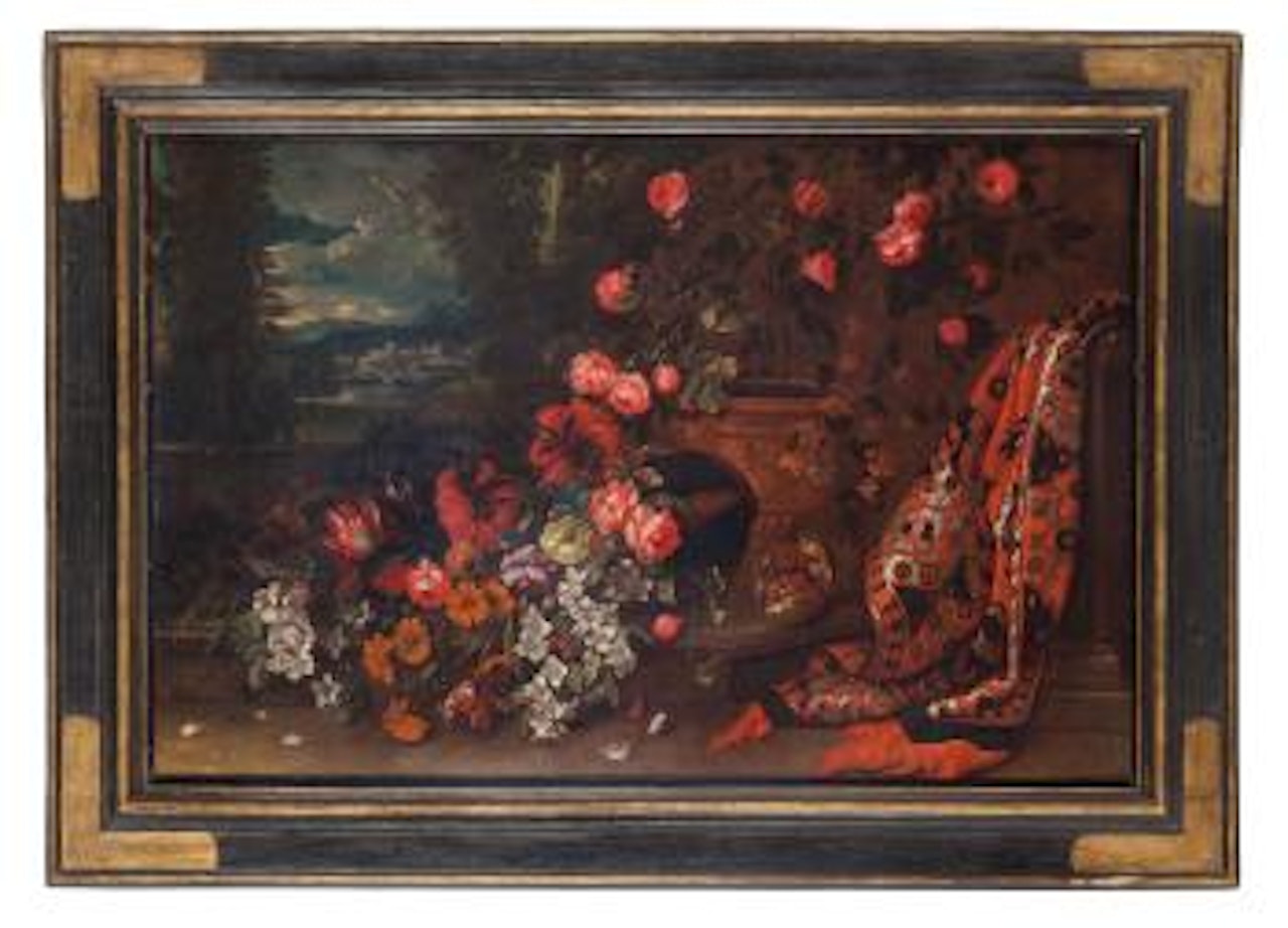 Natura morta con fiori e un tappeto in un paesaggio by Pier Francesco Cittadini