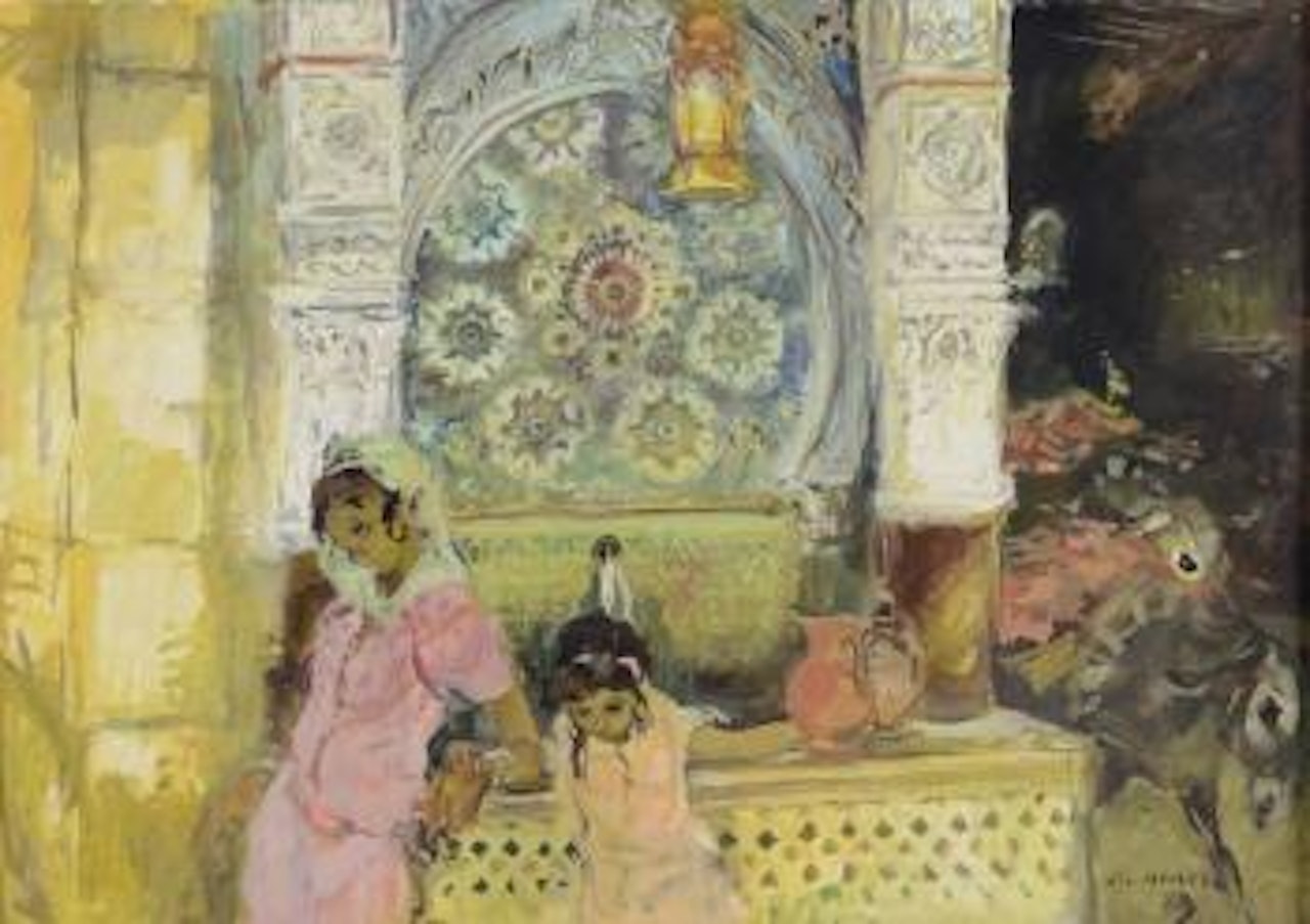 Femme et Fillette à la Fontaine Nejjarine à Fes by Jean Gaston Mantel