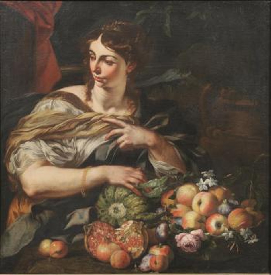 Figura femminile con composizione di frutta e fiori su uno sfondo di paesaggio by Abraham Brueghel