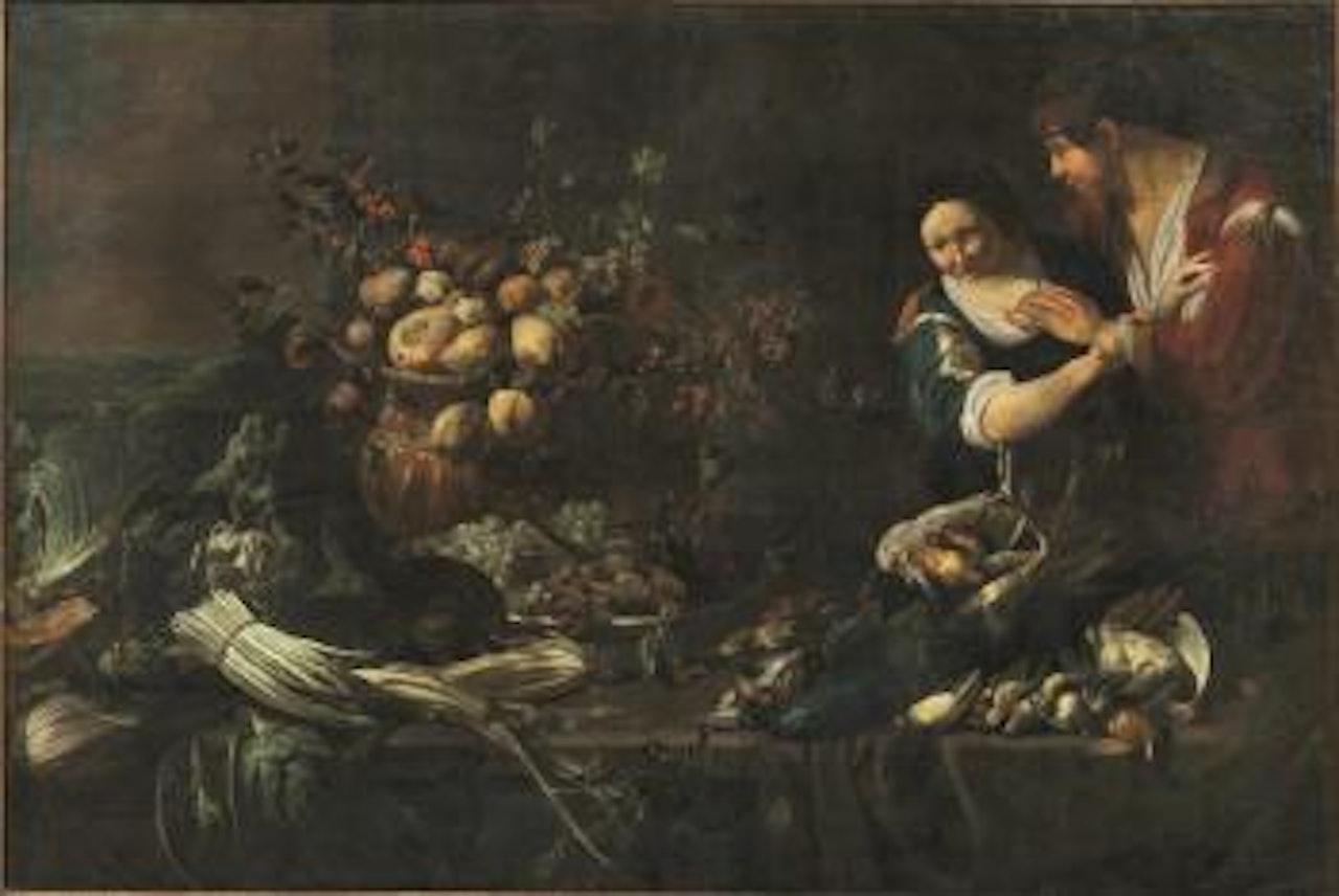 Interno di cucina con frutta, ortaggi, selvaggina e amanti by Adriaen van Utrecht