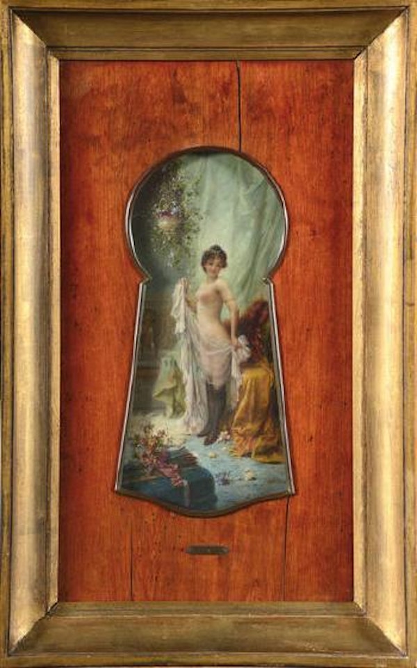 Femme nue en déshabillé, vue par le trou de la serrure by Hans Zatzka