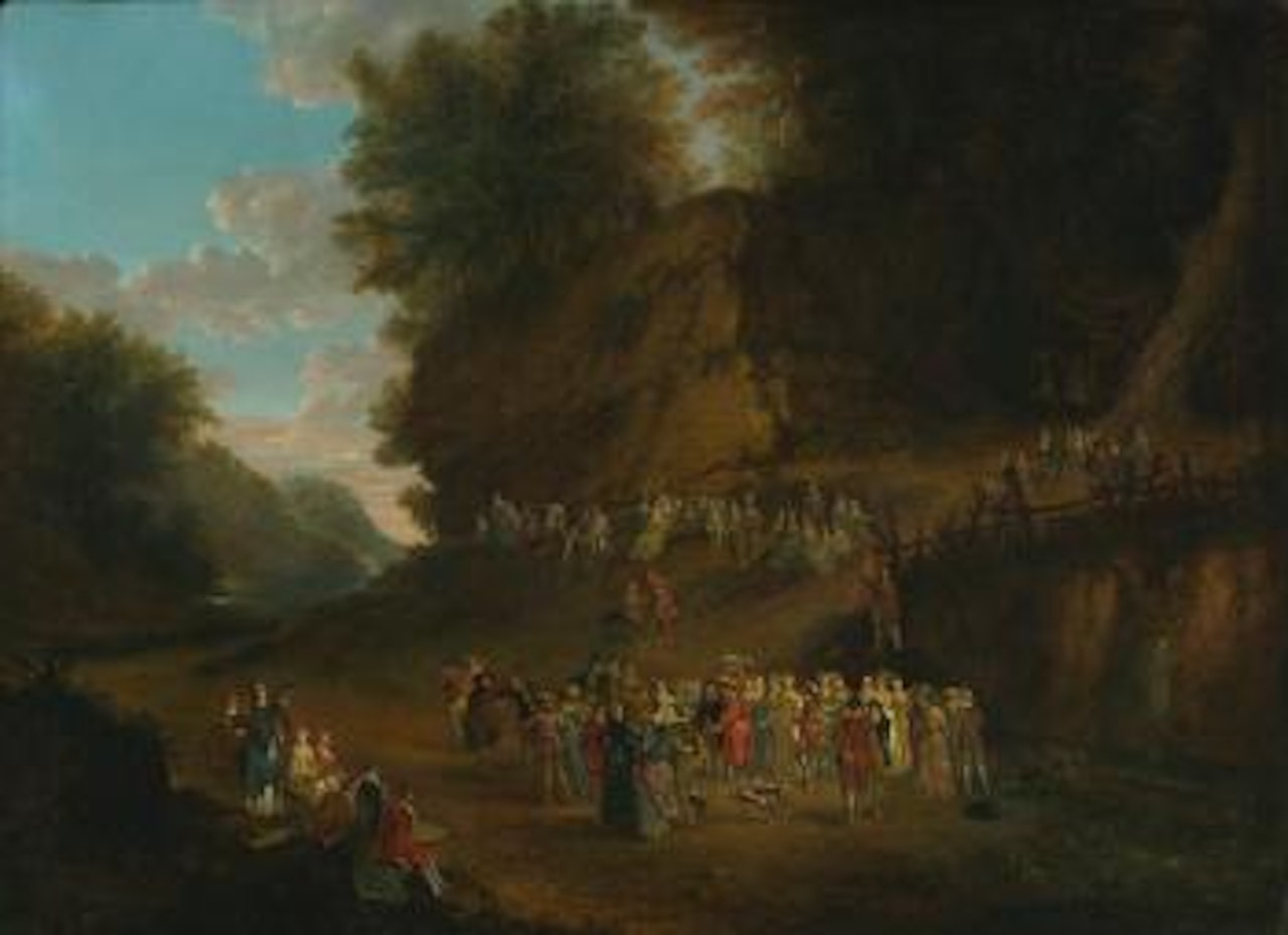 Rustic Festival In A Rocky Wooded Landscape by Jean-Antoine Watteau