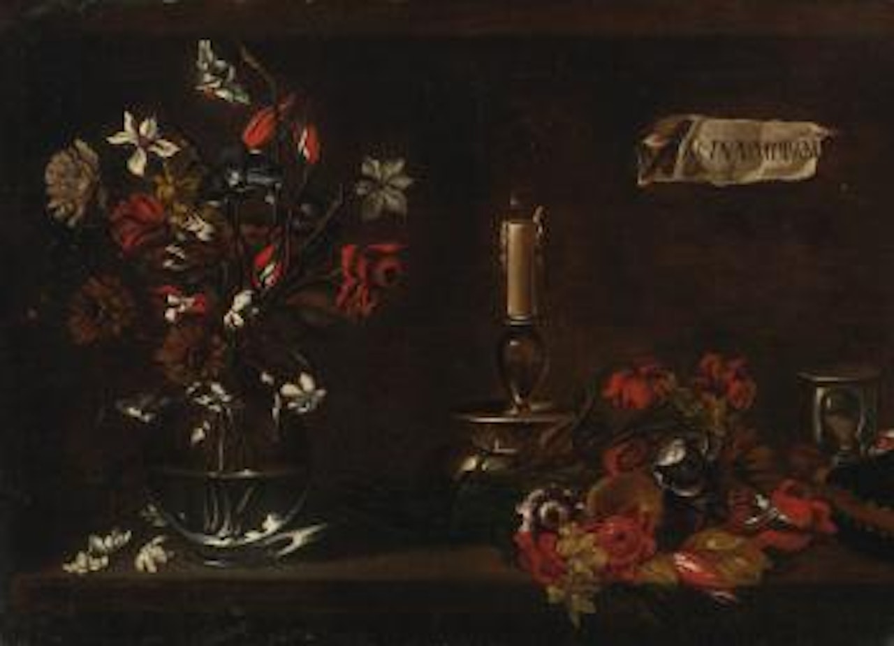 A Vanitas Still Life With A Glass Vase of Flowers, A Candle, A Wine Flask And A Sand Timer On A Ledge by Francesco Solimena