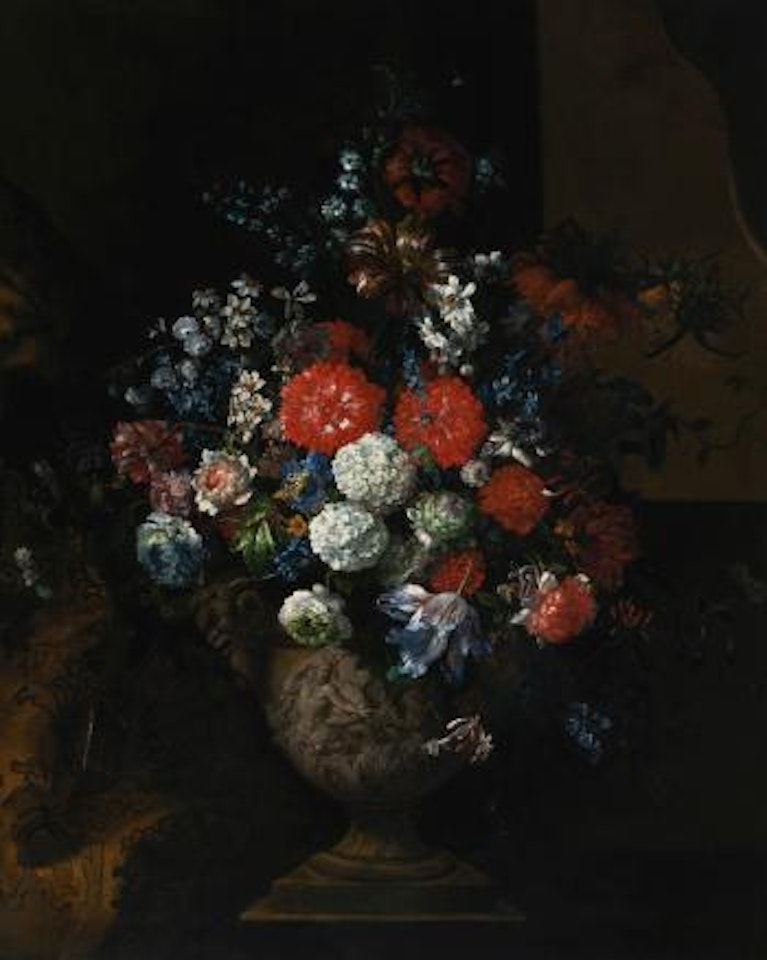 Still Life of Flowers, Including Tulips, Roses, Poppies And Viburnum In A Sculpted Urn, Resting On A Stone Plinth by Jean Baptiste Monnoyer