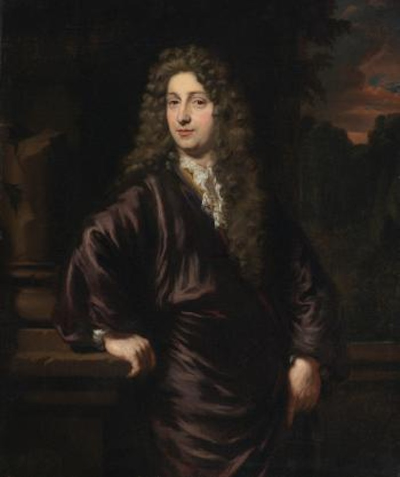 Portrait of A Man, Three-quarter-length, In A Purple Coat With A Lace Cravat, His Right Hand Resting On A Plinth, An Evening Landscape Beyond by Nicolaes Maes