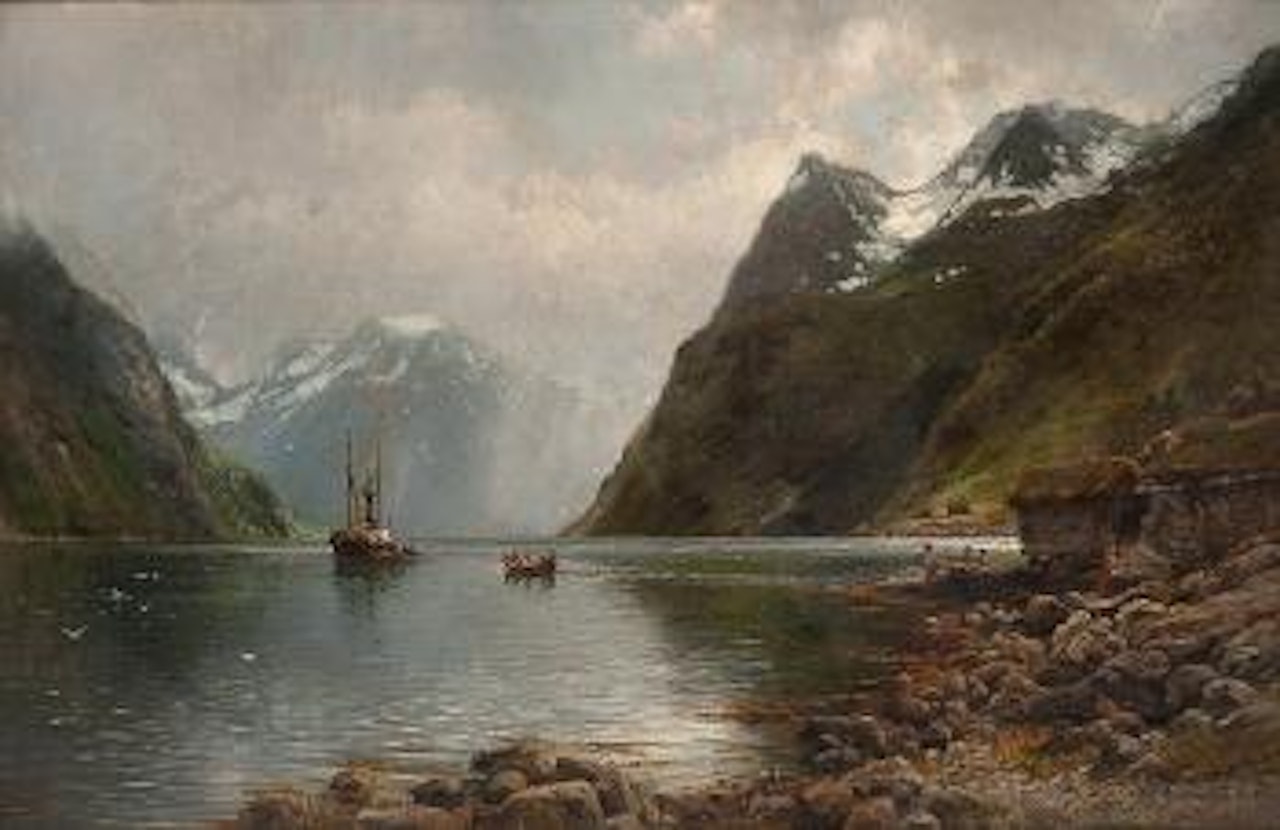 Fjordlandskap med folkeliv by Anders Monsen Askevold