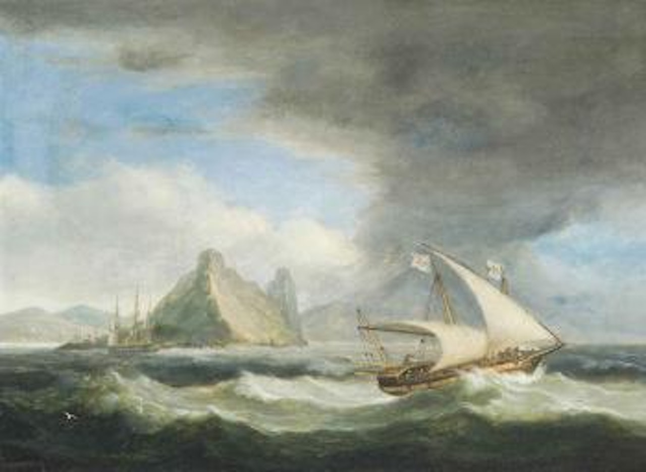 A  Maltese xebec in Mediterranean waters, thought to be off Gibraltar, with an English Frigate heading inshore beyond by Thomas Luny
