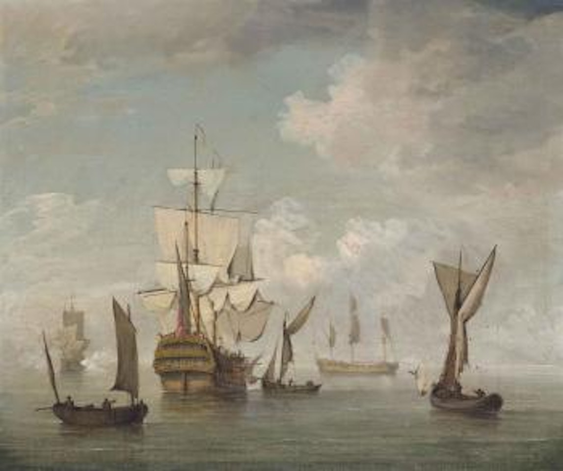 An English two-decker preparing to get underway from her anchorage surrounded by other warships in a calm by Peter Monamy