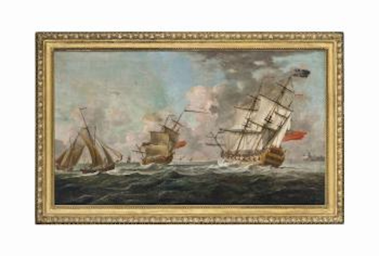 Warships of the Royal Navy heeling in the breeze off, what has traditionally been identified as, Castle Cornet, St. Peter Port, Guernsey by Peter Monamy