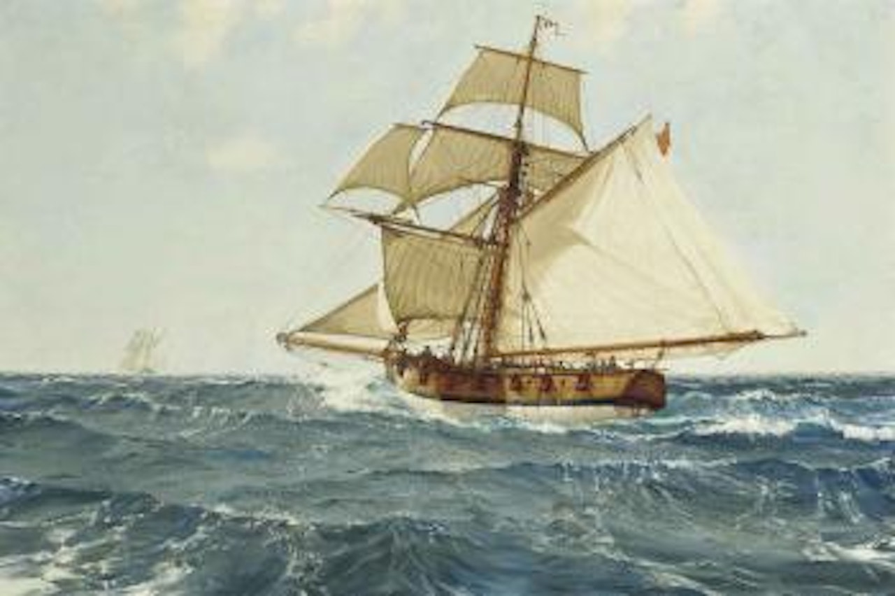An Armed Cutter chasing a Smuggler by Montague Dawson