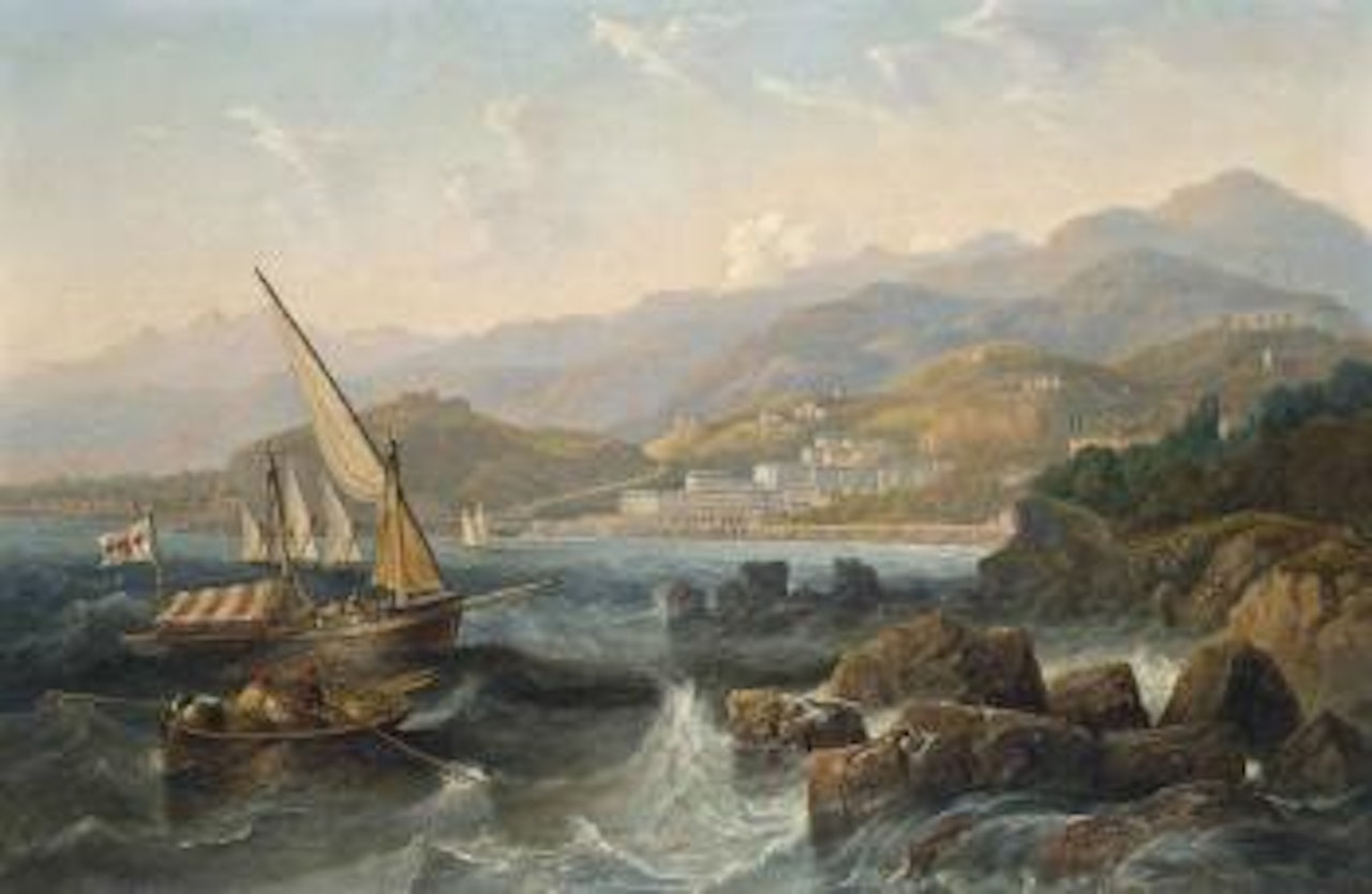 A Spanish Xebec and other local craft in the Mediterranean off the Harbour of Monte Carlo, Monaco by John Wilson Carmichael