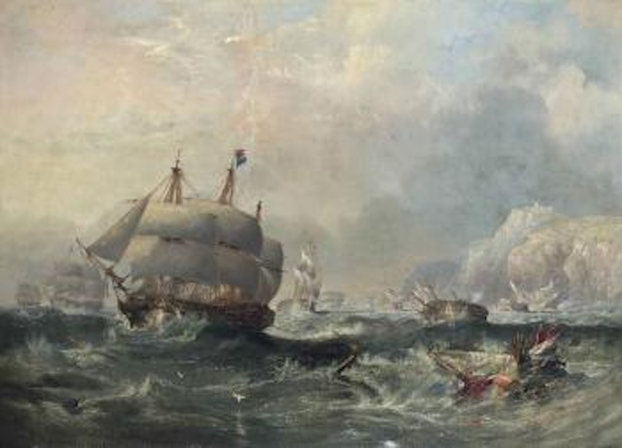 H.M.S. Conqueror towing H.M.S. Africa off the shoals at Trafalgar, three days after the battle by John Wilson Carmichael