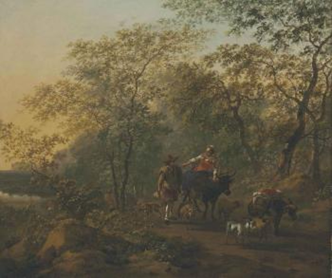 An Italianate Landscape with a shepherdess and a drover by Nicolaes Pietersz Berchem