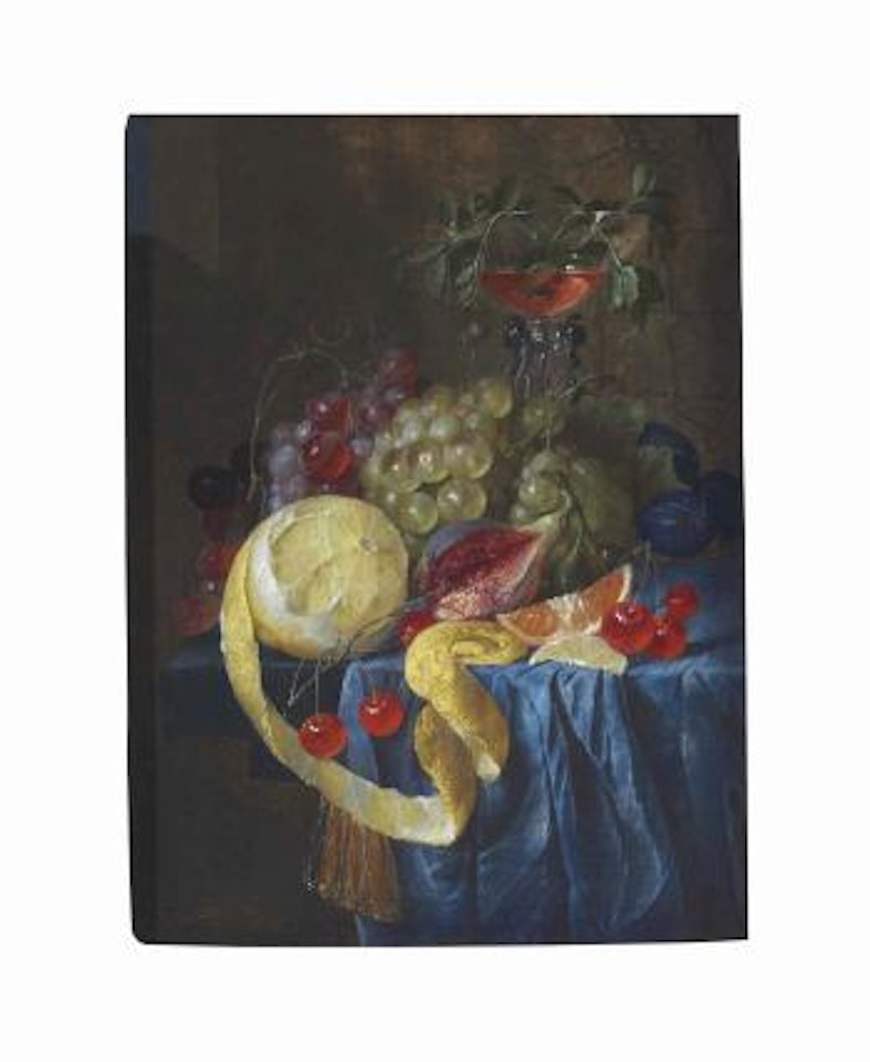 A partly-peeled Lemon, Fig, slice of Orange, Cherries, Plums and Bunches of Grapes with a façon de Venise Wine glass on a draped stone ledge by Cornelis de Heem