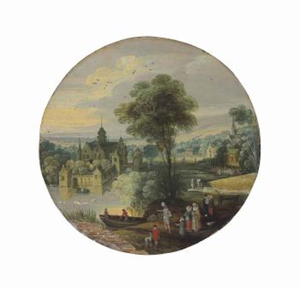 A river Landscape with an elegant company, a manor house beyond by Joos de Momper the Younger