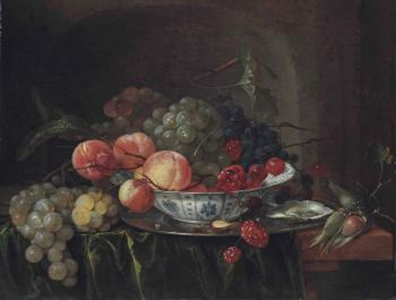 Grapes and Apples in a Wan-li dish with Oysters on a Stone Ledge by Jan Davidsz de Heem