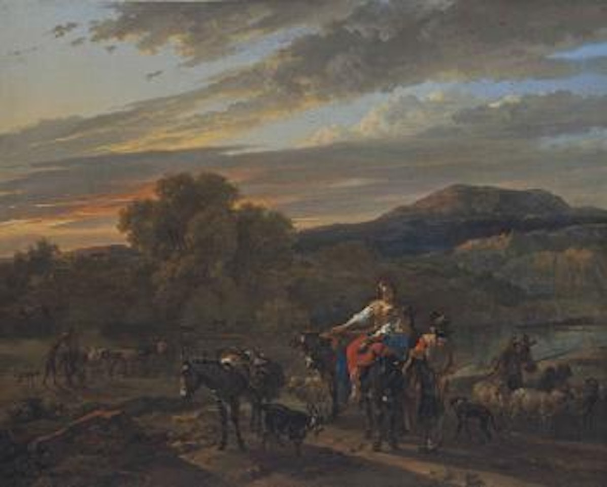An Italiante Landscape with Shepherds, Cows and Sheep by Nicolaes Pietersz Berchem