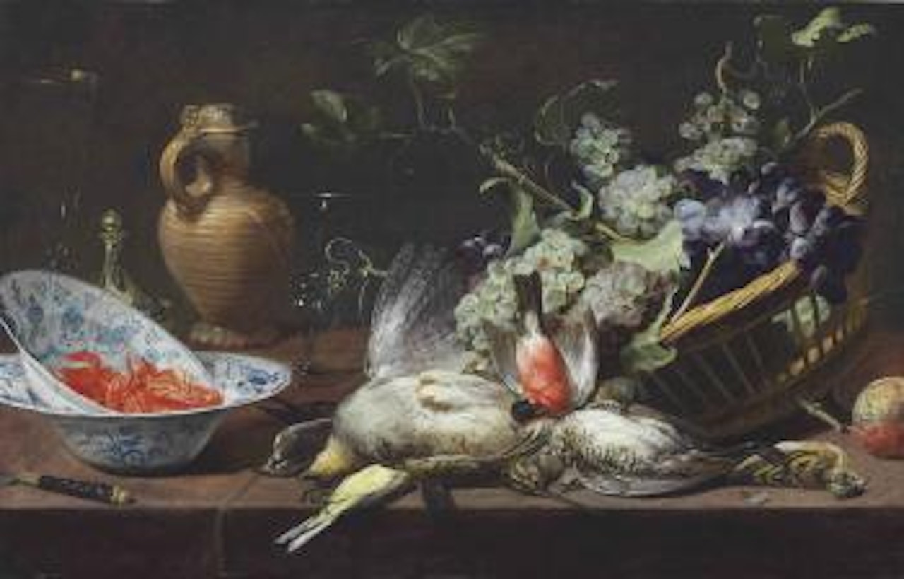 A Partridge, Snipe, Sparrow, Finch, and other Birds with a basket of Grapes and Langoustines in Wan-li kraak porcelain bowls, a mounted stoneware jug, saltcellar, and glasses on a tabletop by Frans Snyders