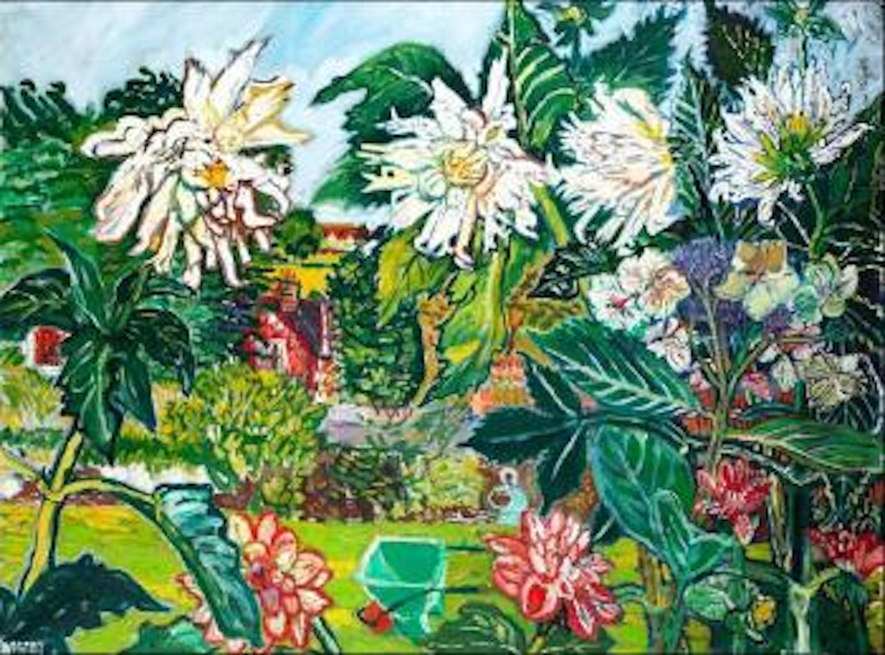 Dahlias and Wheelbarrow by John Bratby