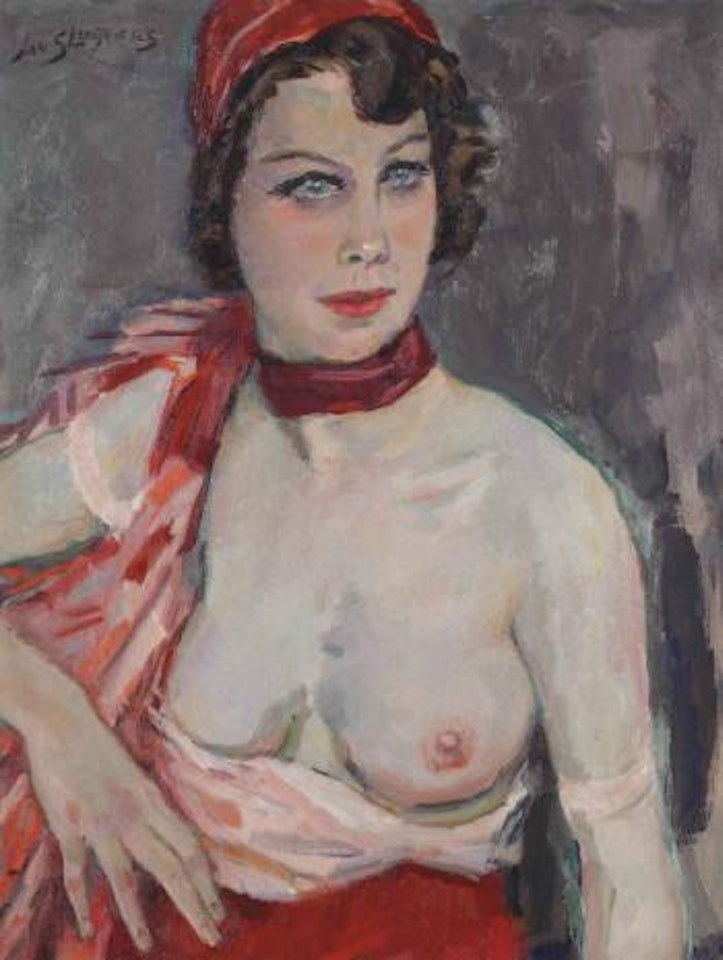 Portrait of a lady with a red scarf by Jan Sluyters