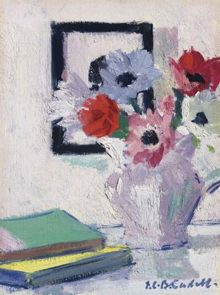 Still Life - Anemones In Vase With Green Book by Francis Campbell Boileau Cadell