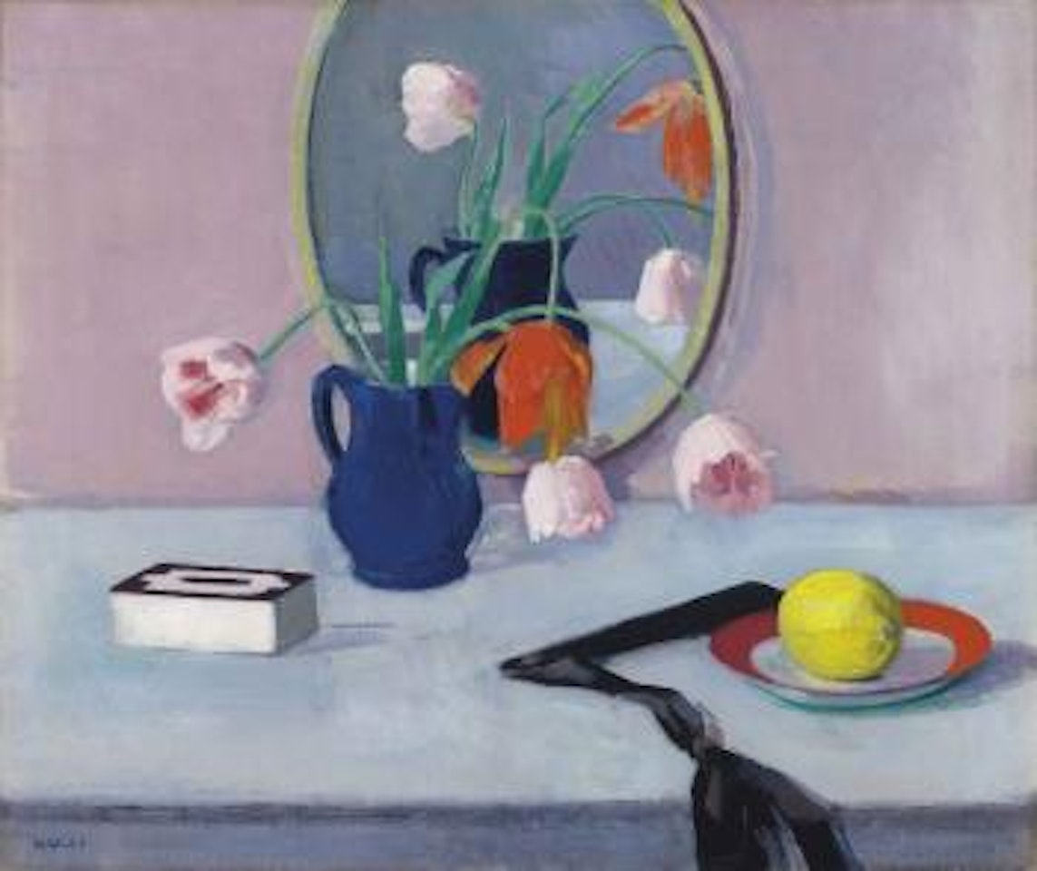 Still Life Of Pink Tulips In a Blue Jar by Francis Campbell Boileau Cadell