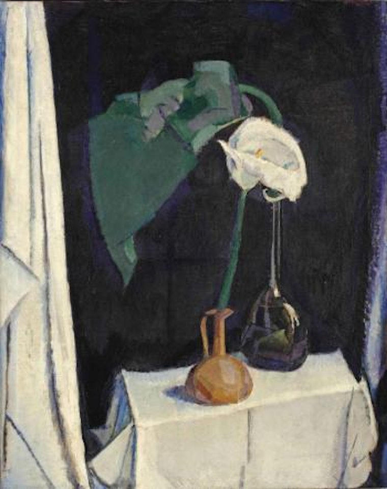 A still life with an arum lily in a vase by Jan Sluyters