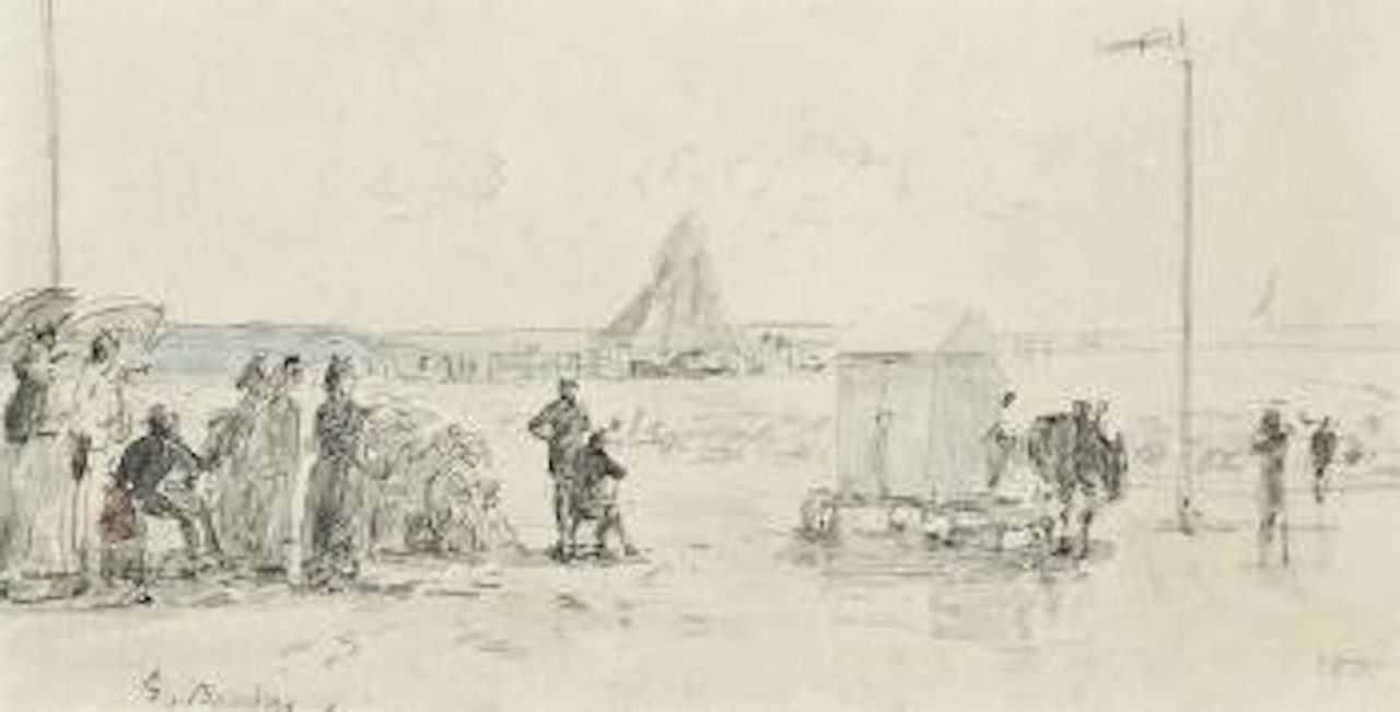 Les Crinolines Et Cabines Sur La Plage by Eugène Boudin