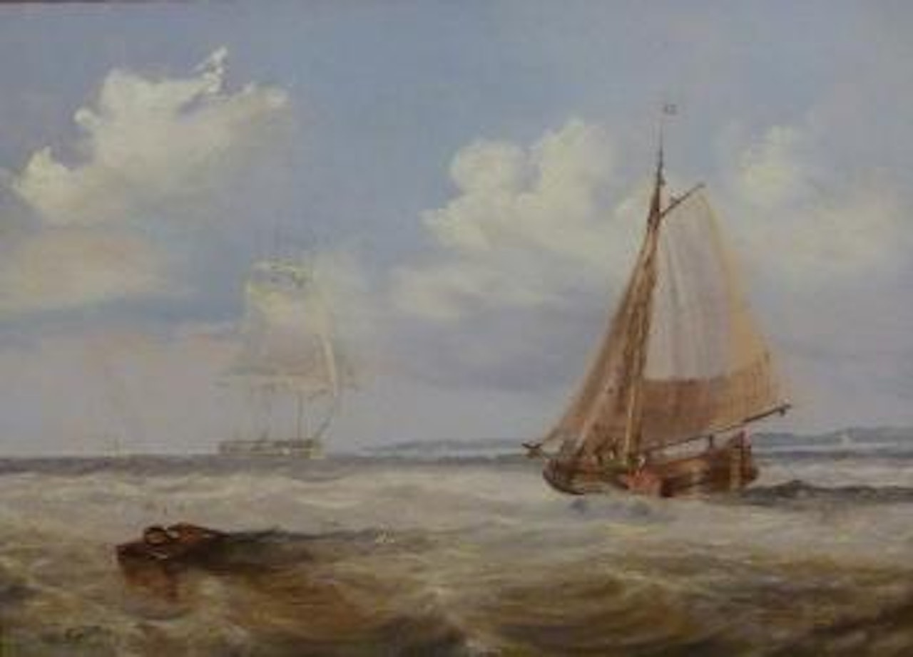 Dutch sailing barge and frigate off the coats by John Wilson Carmichael
