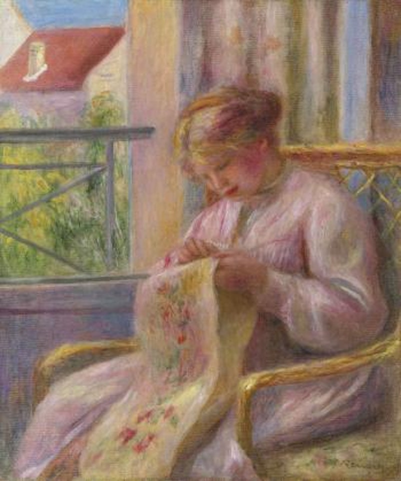 Jeune femme brodant à la fenêtre by Pierre-Auguste Renoir