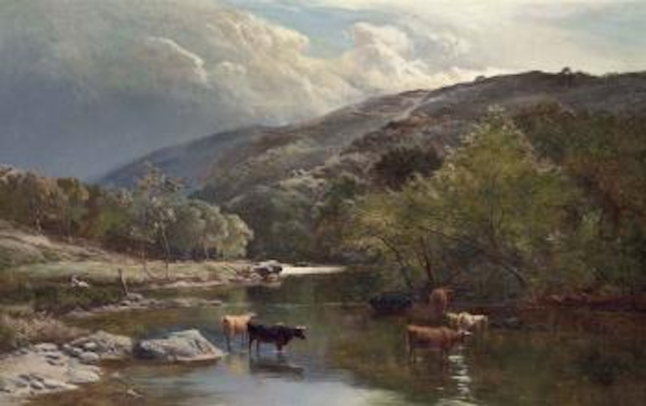 Cattle watering in the River Lyn, North Devon by Sidney Richard Percy