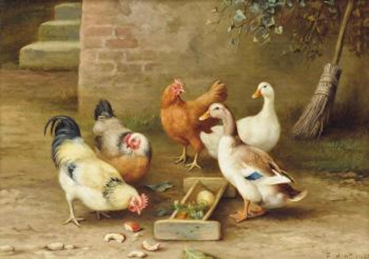 Chickens and ducks in a farmyard by Edgar Hunt