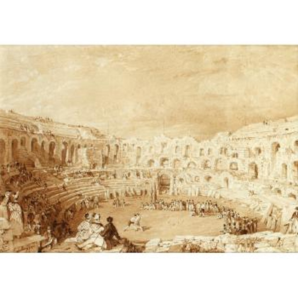 Wrestlers in the Ampitheatre at Nîmes; and another, View of Chatsworth by Thomas Allom