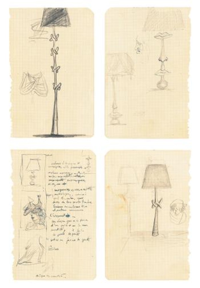 i. lampadaire Aux Béquilles (Dessin Pour La Décoration) - Recto; Lampe Aux Lèvres (Dessin Pour La Décoration) - Verso; ii.dessin Pour La Mode Et La Décoration, Chapeau-soulier (Schiaparelli) - Recto; Lampe Aux Tiroirs - Verso by Salvador Dali