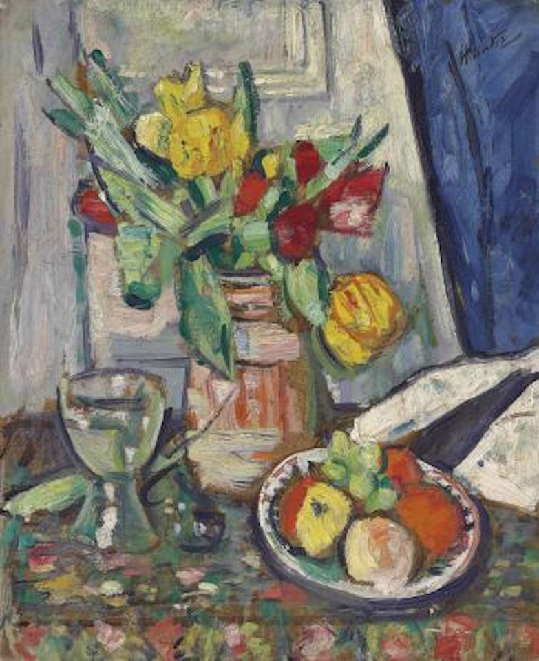 Still Life With Tulips And Fruit by George Leslie Hunter