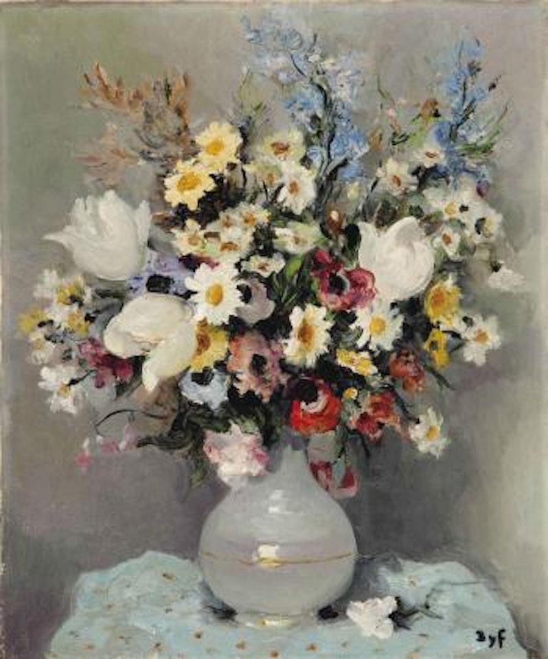 Tulipes et Iris au vase d'opaline by Marcel Dyf