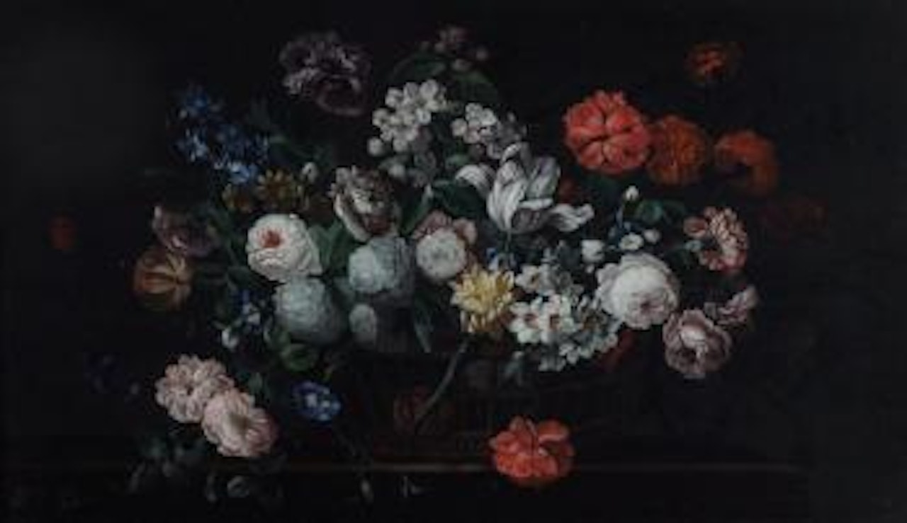 Still life with flowers in a wicker basket on a ledge by Frederick Victor Bailey
