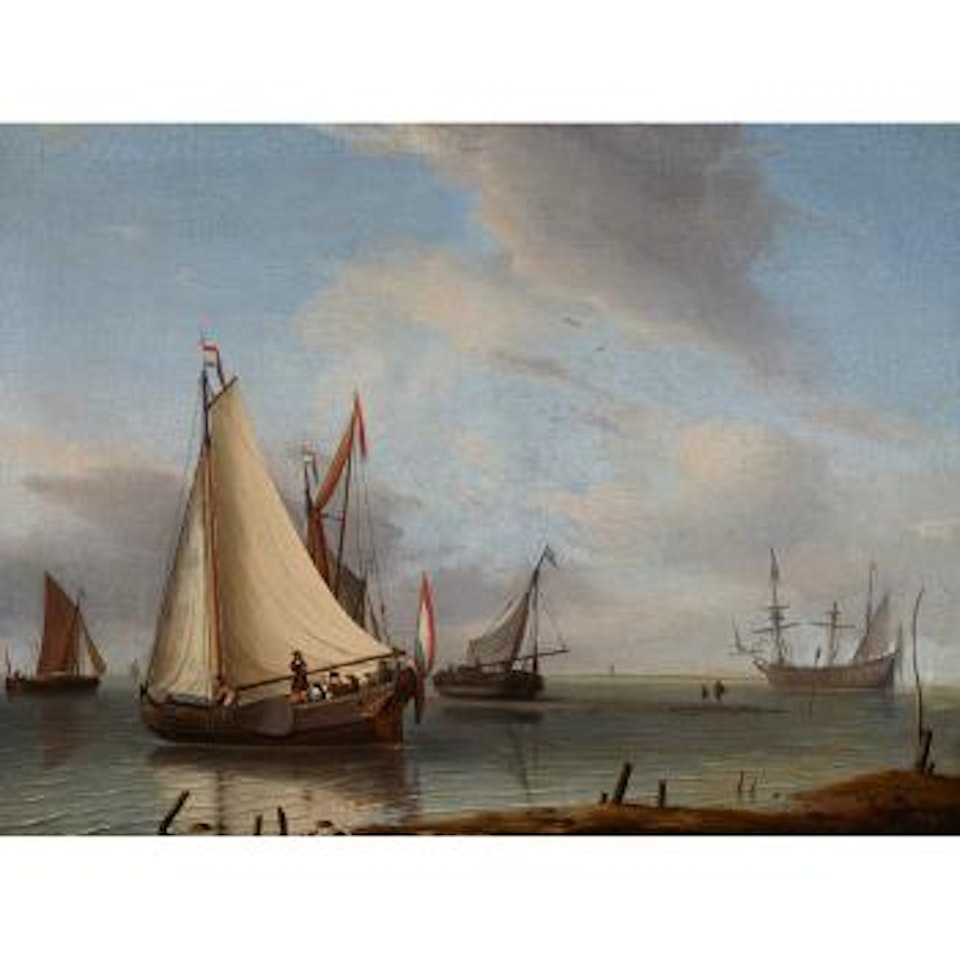 A Royal Yacht, Barges And A Warship In A Calm by Abraham Storck