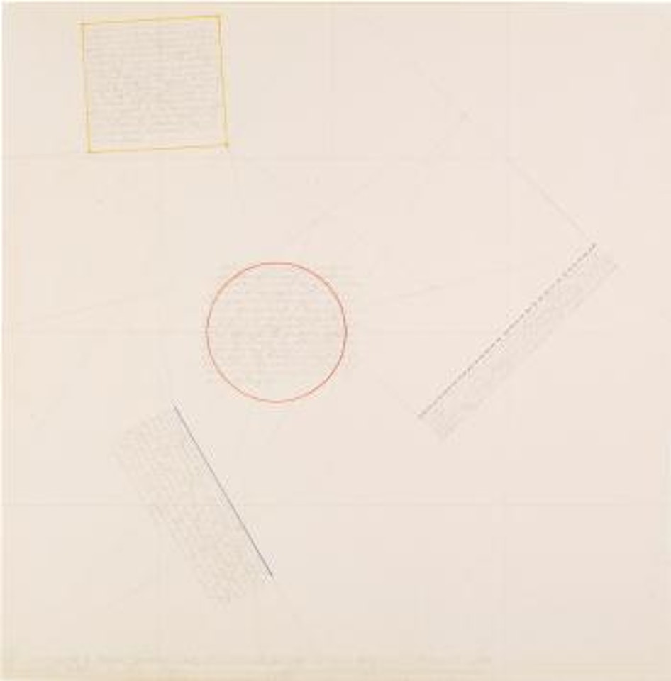 The Location Of A Black Broken Line, Red Circle, Yellow Square And Blue Straight Line by Sol LeWitt