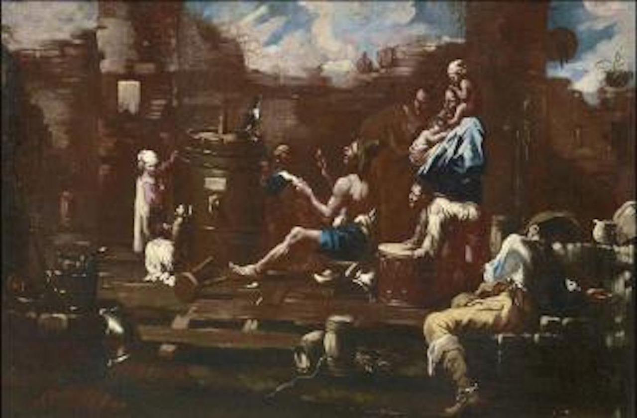 Paesaggio con ruderi e pitocchi che insegnano ad un corvo a cantare by Alessandro Magnasco