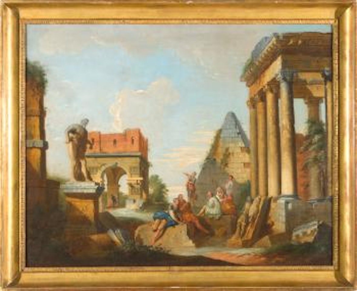 Paesaggio con architetture, rovine e personaggi by Roman School