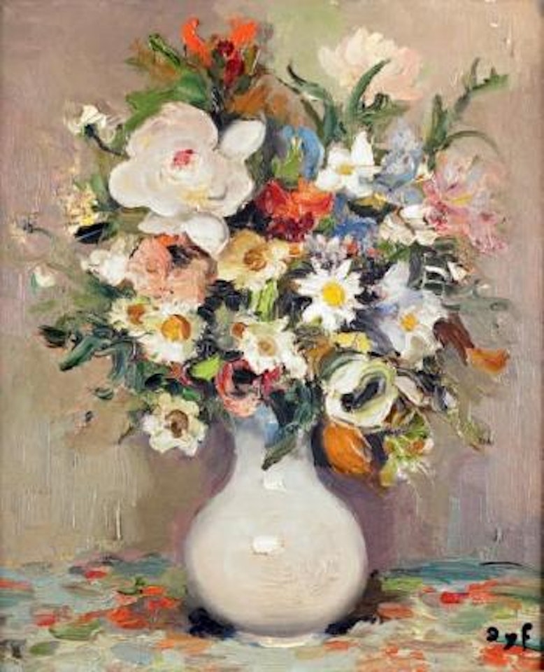 Fleurs au vase d'opaline blanche by Marcel Dyf