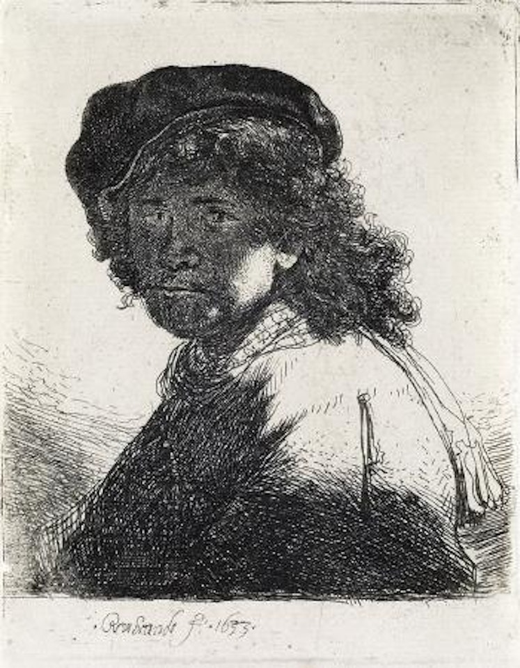 Self Portrait in a Cap and Scarf with the Face Dark: Bust by Attributed to Rembrandt Harmensz van Rijn