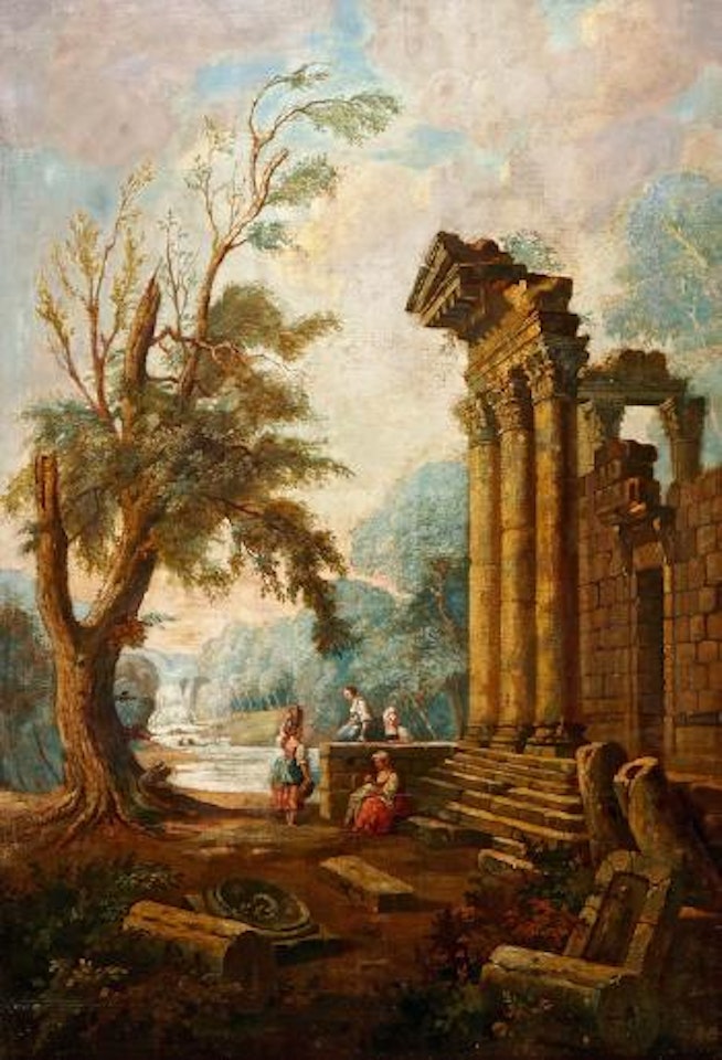 Capriccio mit antiken Ruinen und Personenstaffage by Isaac de Moucheron