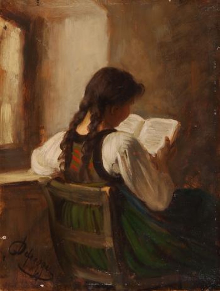 Rückenansicht eines lesenden Mädchens by Franz von Defregger