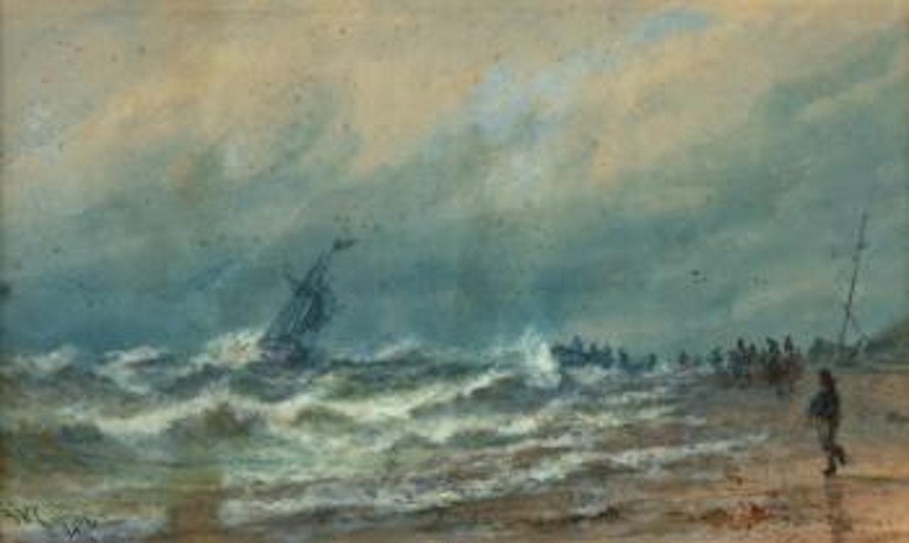 Küstenlandschaft mit Segelschiff bei stürmischer See und Figuren am Strand by William Callow